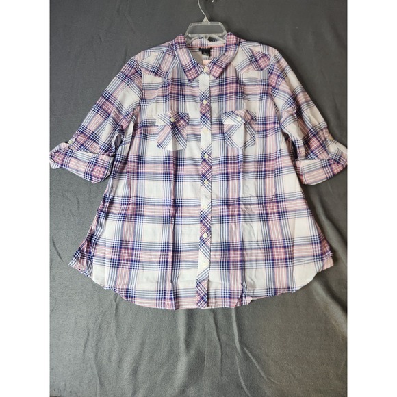 Torrid Sz 1X Plaid Camp Shirt Button Down Pink Blue Roll Tab Sleeves Cotton NWT - Picture 1 of 10